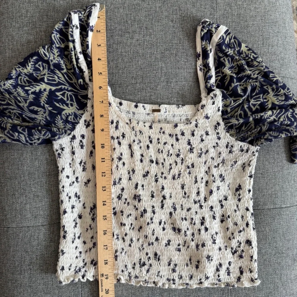 Free People Smocked Floral Square Neck Bell Sleeve Top OB1434162 Navy Cream S